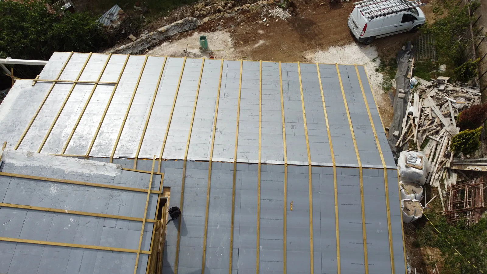 Aerial view showing the monolithic XPS insulation layer with battens above